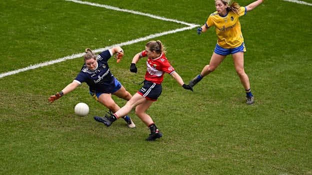 Helena Cummins saves a shot from Libby Coppinger of Cork during the 2025 Lidl Ladies NFL. Photo by Piaras Ó Mídheach/Sportsfile