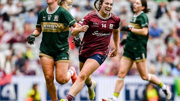 Leanne Coen of Galway celebrates after scoring her side's first goal during the LGFA TG4 All-Ireland Senior Championship final match between Galway and Kerry at Croke Park in Dublin. Photo by Paul Phelan/Sportsfile