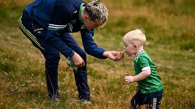 Noah Deere and Fionn Ryan, aged 2 and the son of winner Colin Ryan, before the the M. Donnelly GAA Poc Fada All-Ireland final at Annaverna Mountain in Cooley Peninsula, Louth. Photo by Ben McShane/Sportsfile
