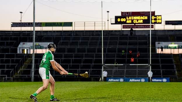 Colin Ryan of Limerick scores the winning point during sudden death in the free-taking competition during the 2018 Allianz Hurling League Division 1 quarter-final match between Limerick and Clare at the Gaelic Grounds in Limerick. Photo by Diarmuid Greene/Sportsfile