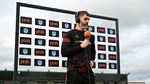 Séamus O'Shea is interviewed by TG4 after the Judes game at Parnell Park. Photo by Tyler Miller/Sportsfile