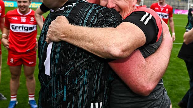 Derry manager Johnny McGarvey, right, and goalkeeper Sean Kelly celebrate after their side's victory in the Christy Ring Cup final match between Kerry and Derry at Croke Park in Dublin. Photo by Seb Daly/Sportsfile.