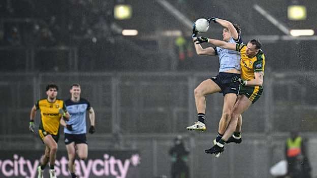 Ethan Dunne executing a high catch for Dublin against Donegal in the Allianz Football League. Photo by Seb Daly/Sportsfile