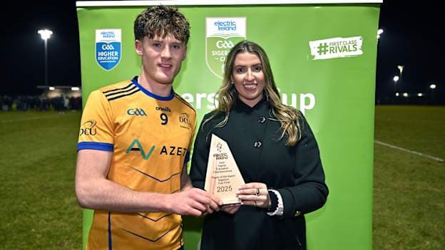 Ethan Dunne receives his Electric Ireland Player of the Match award after DCU's victory in the 2025 Electric Ireland Sigerson Cup final. Photo by Piaras Ó Mídheach/Sportsfile