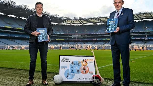 In attendance at the launch of the Introduction to Coaching Gaelic Games at Croke Park in Dublin in January 2022, were Uachtarán Chumann Lúthchleas Gael Larry McCarthy, right, and Shane Flanagan, Director of Coaching & Games, GAA. 