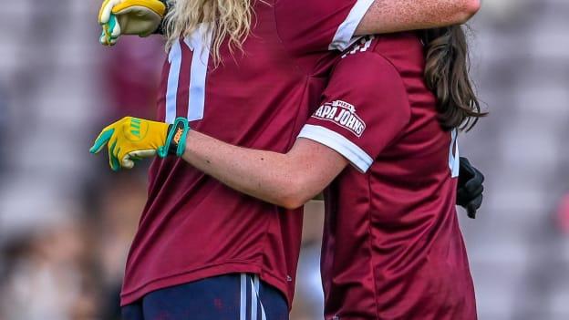 Louise and Nicola Ward celebrate following Galway's win over Cork at Pearse Stadium. Photo by Piaras Ó Mídheach/Sportsfile