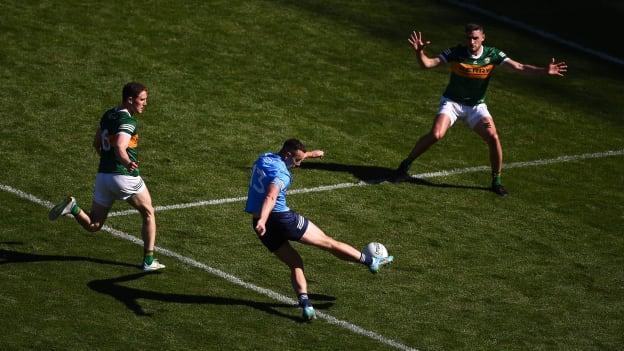 Seán O'Shea of Kerry and his team mates Killian Spillane, left, and Adrian Spillane celebrate as referee Paddy Neilan blows the full time whistle to end the GAA Football All-Ireland Senior Championship Semi-Final match between Dublin and Kerry at Croke Park in Dublin.