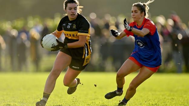 Laura Fitzgerald of Mourneabbey in action against Elaine Doyle of St Peter's Dunboyne during the 2021 currentaccount.ie All-Ireland Ladies Senior Club Football Championship semi-final match between Mourneabbey and St Peter's Dunboyne at Clyda Rovers GAA, in Cork.