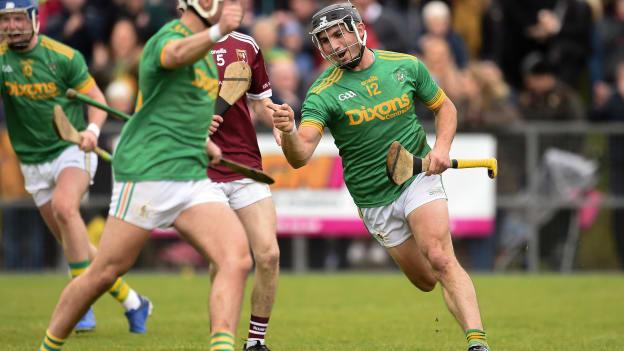 Nigel Elliott of Dunloy celebrates after scoring his side's first goal during the Antrim SHC Final match against Cushendall Ruairí Óg.