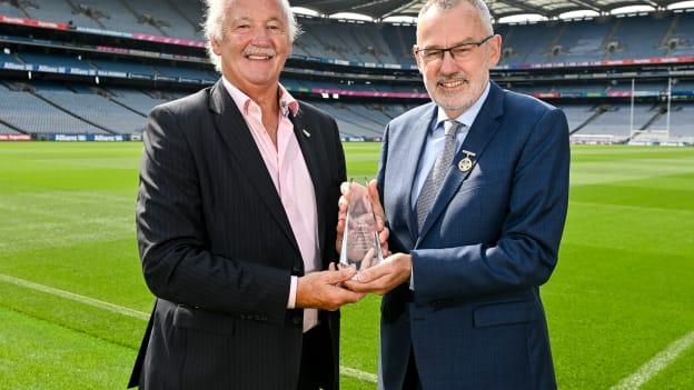 Uachtarán Chumann Lúthchleas Gael Larry McCarthy, right, with Poc Fada Hall of Fame 2023 recipient Pat Hartigan during the launch of the M. Donnelly MyClubShop.ie Poc Fada at Croke Park in Dublin. Photo by Ben McShane/Sportsfile.