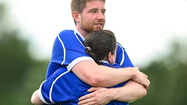 Margaret Brady, rigtht, and Darryl Dolan of Erne Eagles embrace after the Mixed Senior Rounders Final 2020 match between Erne Eagles and Glynn Barntown at GAA centre of Excellence, National Sports Campus in Abbotstown, Dublin.