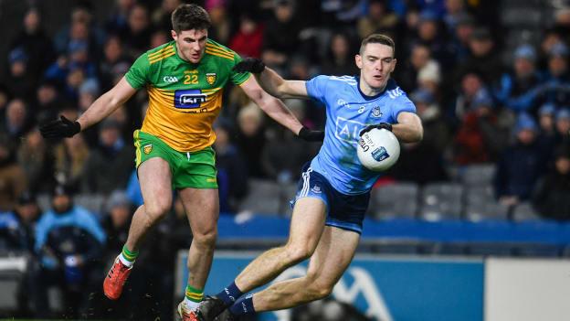 Brian Fenton, Dublin, and Daire O Baoill, Donegal, during an Allianz Football League Division One clash in February.
