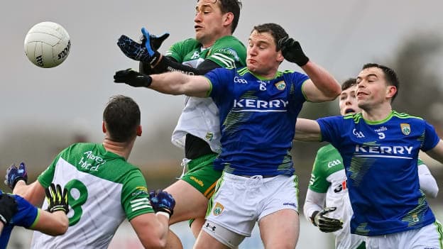 Hugh McFadden, Donegal, and Tadhg Morley, Kerry, collide during the Allianz Football League Division One encounter at Fitzgerald Stadium.