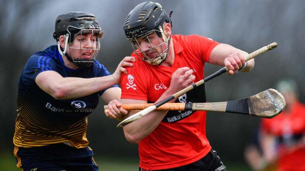 Paddy O’Loughlin of UCC in action against Donal Burke of DCU Dóchas Éireann during the Fitzgibbon Cup Semi-Final match between DCU Dóchas Éireann and UCC at Dublin City University Sportsgrounds. 
