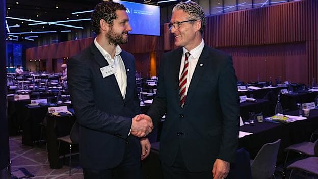 GPA chief executive officer Tom Parsons, left, with Uachtarán Tofa Chumann Lúthchleas Gael Jarlath Burns during day two of the GAA Annual Congress 2023 at Croke Park in Dublin.