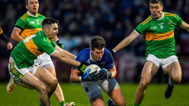 Darren Hughes, Scotstown, in AIB Ulster Club SFC Quarter-Final action against Danny Tallon and Ciaran McFaul, Glen, in 2021 at Celtic Park. Photo by Philip Fitzpatrick/Sportsfile
