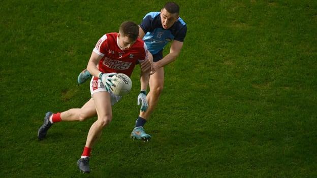 Luke Fahy, Cork, and Cormac Costello, Dublin, in Allianz Football League action at Páirc Uí Chaoimh. Photo by Eóin Noonan/Sportsfile
