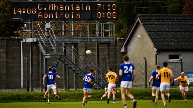 Dermot McAleese, 19, of Antrim kicks the ball towards goal near the end of the Allianz Football League Division 4 Round 6 match between Wicklow and Antrim at Joule Park in Aughrim, Wicklow.