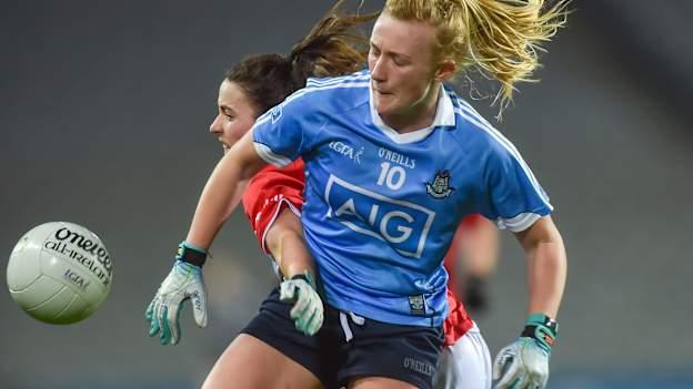 Carla Rowe of Dublin in action against Shauna Kelly of Cork during the 2018 Lidl Ladies Football National League Division 1 match between Dublin and Cork at Croke Park in Dublin. 