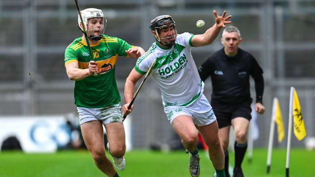 Ronan Corcoran, Ballyhale Shamrocks, and Ronan Molloy, Dunloy Cúchulainns, in AIB All-Ireland Club SHC Final action at Croke Park. 