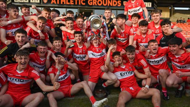 Derry players celebrating following the Electric Ireland Ulster MFC Final. Photo by Stephen Marken/Sportsfile