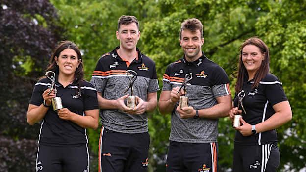 PwC GPA Players of the Month for April  in camogie, Miriam Walsh (Kilkenny GAA) and in ladies football, Michelle Guckian (Leitrim GAA), alongside PwC GAA/GPA Hurler of the Month for April Diarmaid Byrnes (Limerick GAA) and in football, Paul Conroy (Galway GAA) with their awards today at PwC's Galway offices.

 