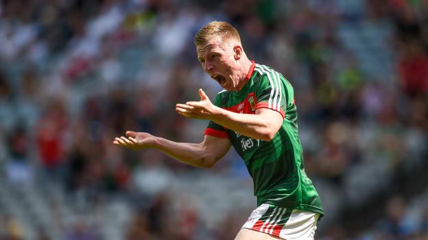 Ryan O'Donoghue of Mayo celebrates after scoring a goal against Kildare in the 2018 EirGrid U-20 Football All-Ireland. 
