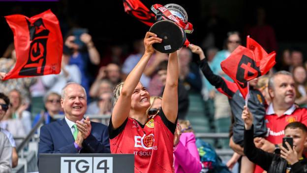 Down captain Meghan Doherty lifts the West County Hotel Cup after the 2023 TG4 All-Ireland Ladies Junior Football Championship Final match between Down and Limerick at Croke Park in Dublin. Photo by Seb Daly/Sportsfile