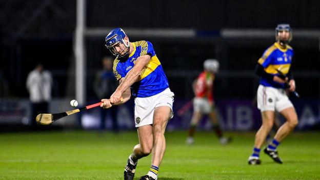 Willie Hyland of Clough-Ballacolla takes a free during the AIB Leinster GAA Hurling Senior Club Championship Quarter-Final match between Clough-Ballacolla and Rapparees at MW Hire O'Moore Park in Portlaoise, Laois. 
