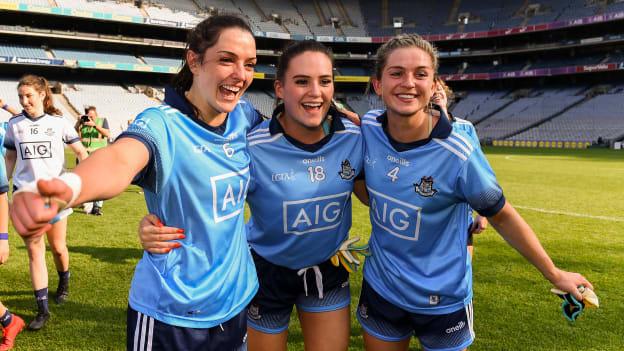 Sinéad Goldrick, Emma McDonagh and Martha Byrne of Dublin celebrate following the TG4 All-Ireland Ladies Senior Football Championship Semi-Final match between Dublin and Cork at Croke Park in Dublin. 