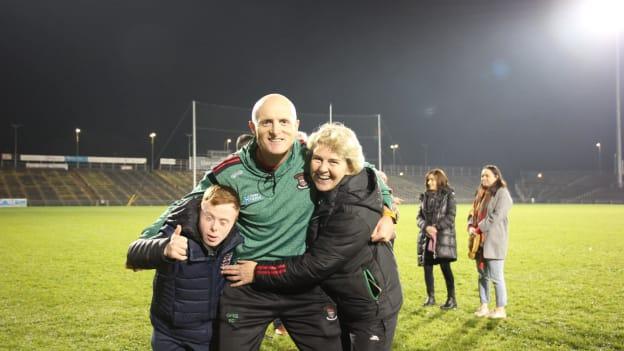 Ballina Stephenites' senior team coach, Eanna Casey, celebrates after victory over Breaffy in the Mayo SFC Final. 