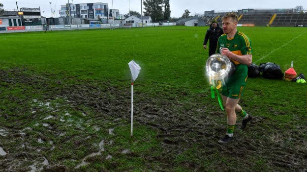 Rhode captain Niall Darby with the Dowling Cup after the Offaly County Senior Football Championship Final match between Rhode and Tullamore at Bord na Móna O'Connor Park in Tullamore, Offaly. 