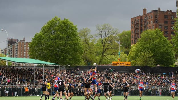 Conor McGraynor, New York, and Adrian McIntyre, Sligo, during climb high during the Connacht SFC encounter at Gaelic Park.