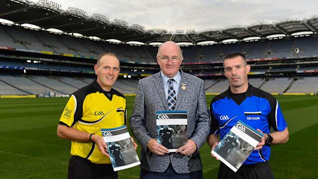 In attendance during the Referee Development Plan Launch was Uachtarán Chumann Lúthchleas Gael, John Horan, with referees Conor Lane, left, and James Owens, at Croke Park in Dublin.