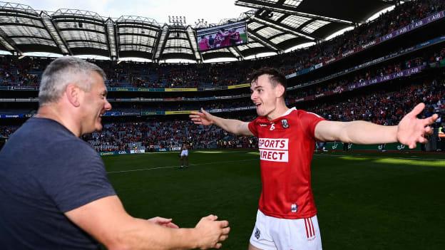 Mark Coleman of Cork celebrates with selector Diarmuid O'Sullivan following the GAA Hurling All-Ireland Senior Championship semi-final match between Kilkenny and Cork at Croke Park in Dublin.