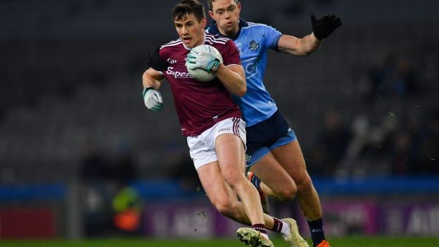 Shane Walsh, Galway, and Dean Rock, Dublin, in Allianz Football League action at Croke Park.