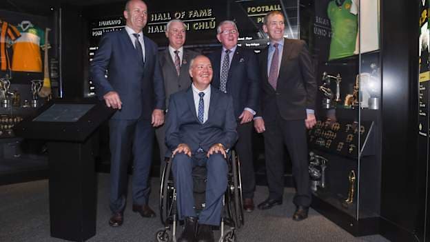 Pictured (l to r) former Kerry footballer Jack O Shea, Uachtarán Chumann Lúthchleas Gael Aogán Ó Fearghail, former Offaly footballer Matt Connor, former Offaly hurler Padraig Horan, and former Kilkenny hurler Frank Cummins.