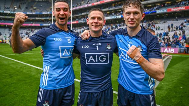 Dublin nine time All-Ireland medal winners, from left, James McCarthy, Stephen Cluxton and Michael Fitzsimons celebrate after the GAA Football All-Ireland Senior Championship final match between Dublin and Kerry at Croke Park in Dublin. Photo by Brendan Moran/Sportsfile.