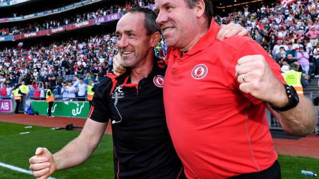 Tyrone joint-managers Feargal Logan, right, and Brian Dooher celebrate after the GAA Football All-Ireland Senior Championship semi-final match between Kerry and Tyrone at Croke Park in Dublin.