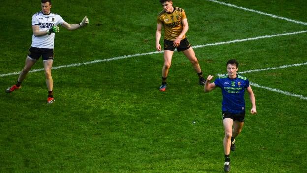 Diarmuid O'Connor celebrates after scoring Mayo's second goal against Kerry in the Allianz Football League Division 1 Final. 