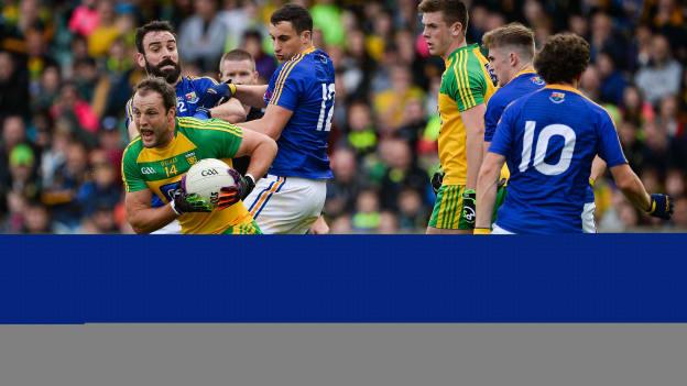 Michael Murphy surrounded by several Longford players in Ballybofey.