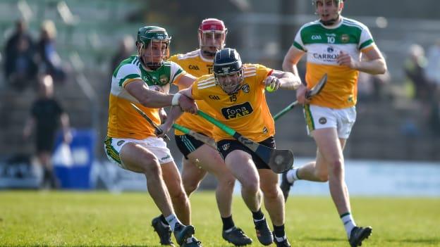 Ciarán Clarke, Antrim, and David King, Offaly, in Allianz Hurling League action at Páirc Tailteann.
