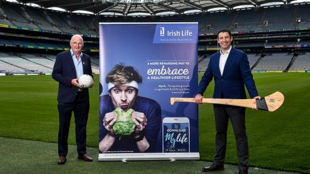  Uachtarán Chumann Lúthchleas Gael John Horan and Irish Life CEO Declan Bolger pictured at the launch of the MyLife GAA Healthy Clubs Steps Challenge at Croke Park.