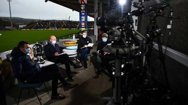 BBC Sport analysts, from left, Oisin McConville, Peter Canavan, Enda McGinley and Mark Sidebottom watch the earlier Ulster GAA quarter-final match between Donegal and Tyrone prior to the 2020 Ulster GAA Football Senior Championship Quarter-Final match between Derry and Armagh at Celtic Park in Derry. 