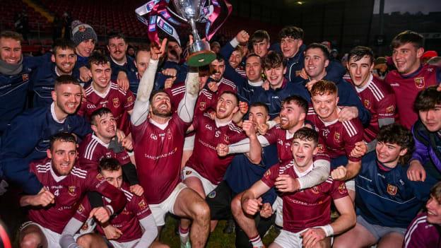 Ruairí Óg players celebrate with the cup after the AIB Ulster GAA Hurling Senior Club Championship final match between Ruairi Óg, Antrim, and Slaughtneil, Derry, at Páirc Esler in Newry, Down. Photo by Ben McShane/Sportsfile.