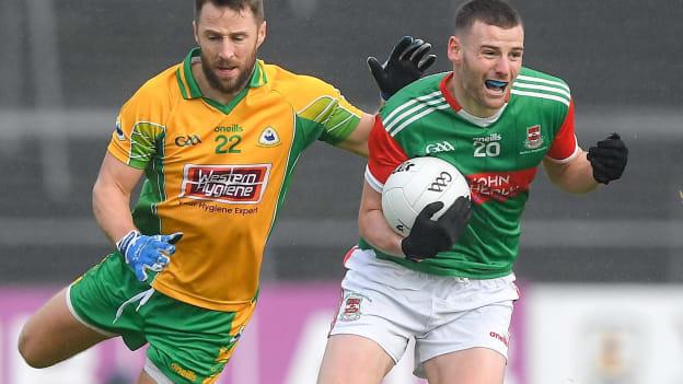 Jack Irwin, Ballina Stephenites, Micheál Lundy, Corofin, in AIB Connacht Club SFC action at Pearse Stadium. Photo by Ray Ryan/Sportsfile