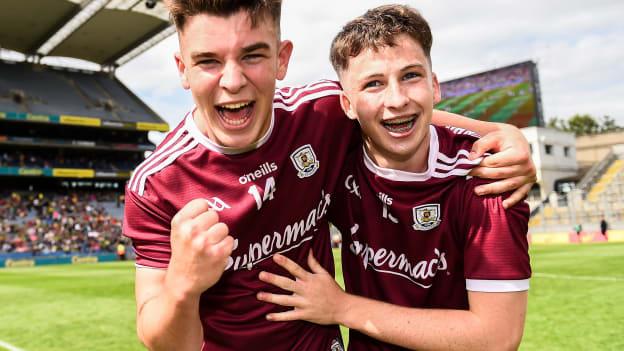Tomo Culhane and Nathan Grainger celebrate following Galway's All Ireland Minor Semi-Final win over Kerry at Croke Park.