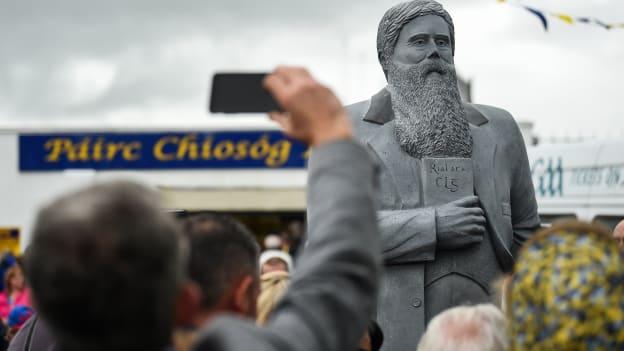 A statue of Michael Cusack is unveiled outside Cusack Park ahead of the Electric Ireland Munster GAA Hurling Minor Championship semi-final match between Clare and Limerick at Cusack Park in Ennis, Co. Clare.