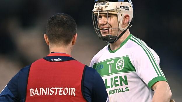 TJ Reid of Ballyhale Shamrocks and St Thomas manager Kenneth Burke after the AIB GAA Hurling All-Ireland Senior Club Championship Semi-Final match between St Thomas, Galway and Ballyhale Shamrocks, Kilkenny at Semple Stadium in Thurles, Tipperary.