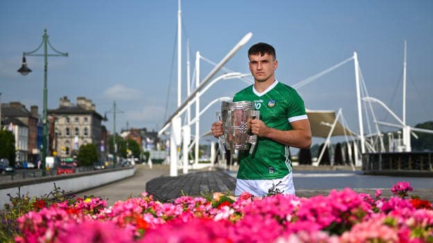 Limerick's Cathal O’Neill pictured with the Liam McCarthy Cup at the 2023 GAA Hurling All-Ireland Series national launch. Photo by Brendan Moran/Sportsfile
